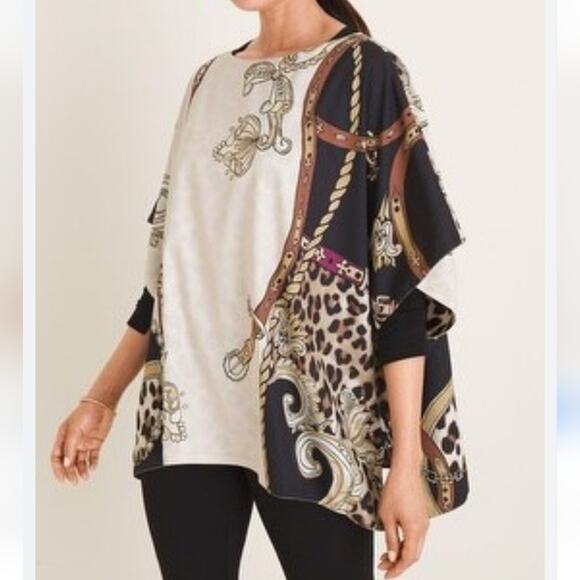 New Chico's Placed Status Reversible Poncho Small Medium Black Ecru Animal Print - Picture 1 of 16